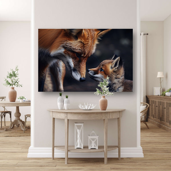 Vos met welp in intiem moment canvas