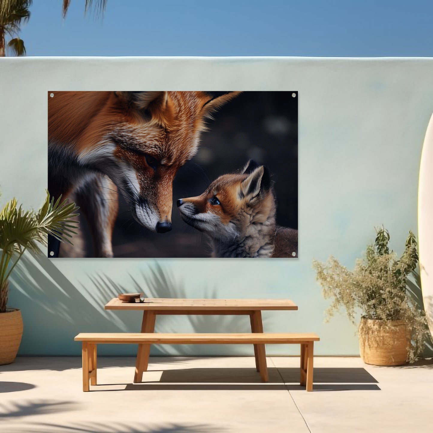Vos met welp in intiem moment tuinposter
