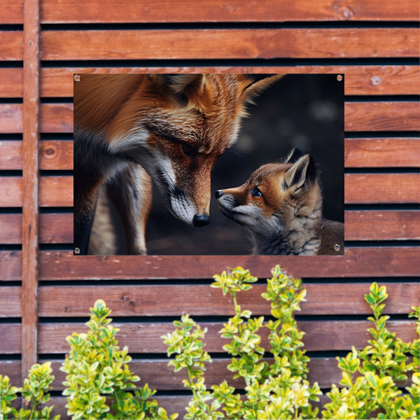 Vos met welp in intiem moment tuinposter