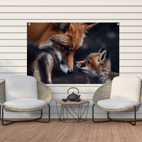 Vos met welp in intiem moment tuinposter