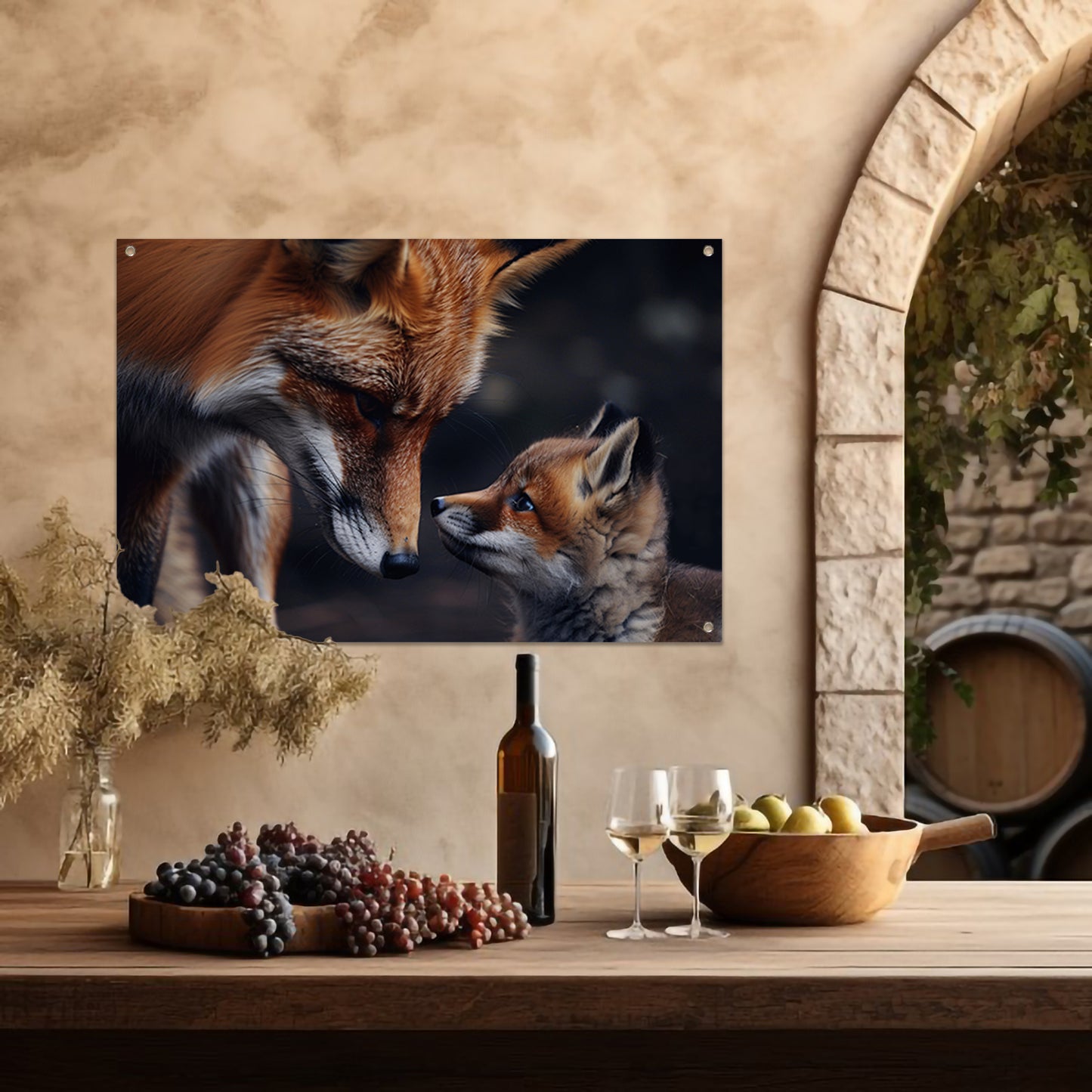 Vos met welp in intiem moment tuinposter