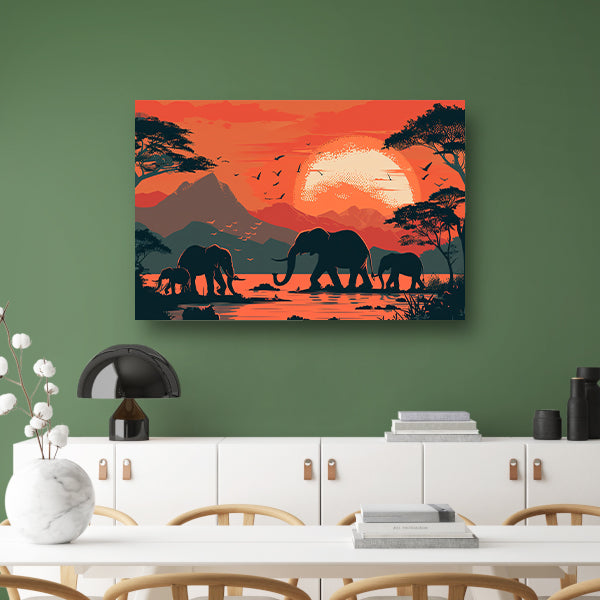 Olifanten bij zonsondergang canvas