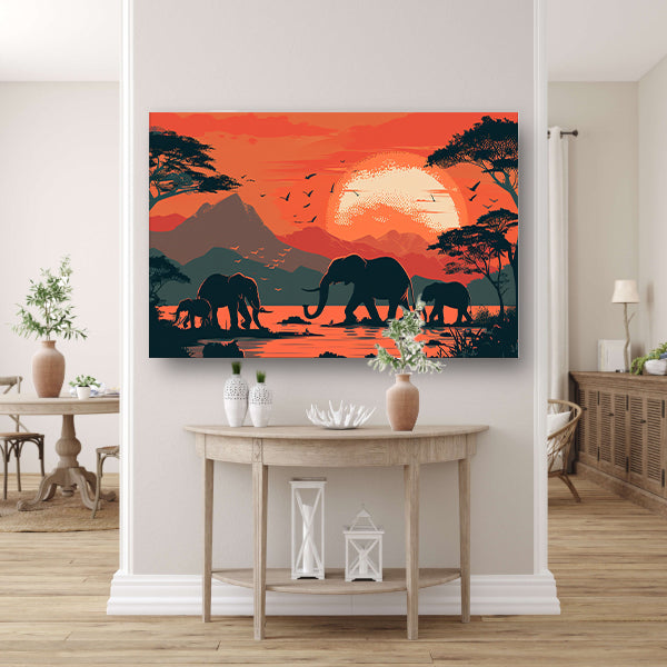 Olifanten bij zonsondergang canvas