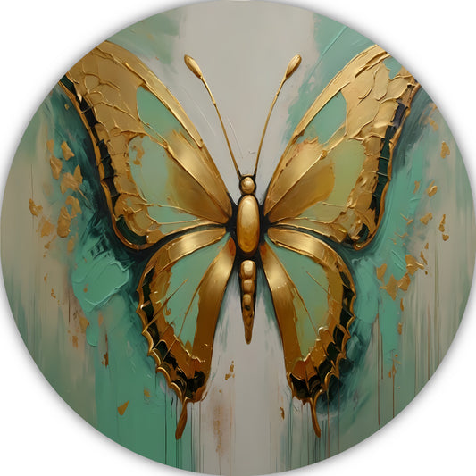 Gouden vlinder op lichtgroene olieverfachtergrond aluminium muurcirkel
