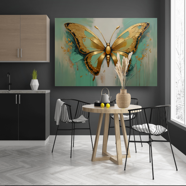 Gouden vlinder op lichtgroene olieverfachtergrond canvas met baklijst