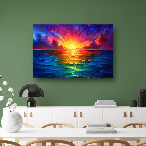 Kleurrijke zonsondergang boven kalme zee canvas