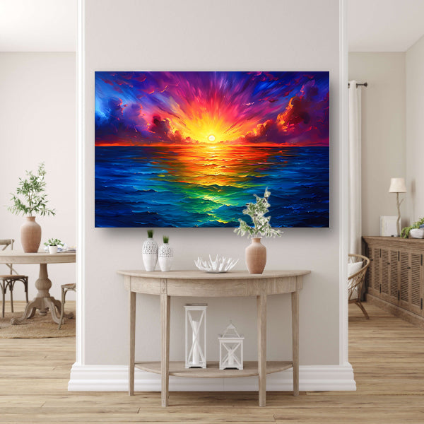 Kleurrijke zonsondergang boven kalme zee canvas