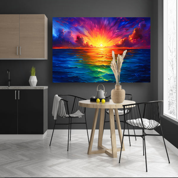 Kleurrijke zonsondergang boven kalme zee canvas