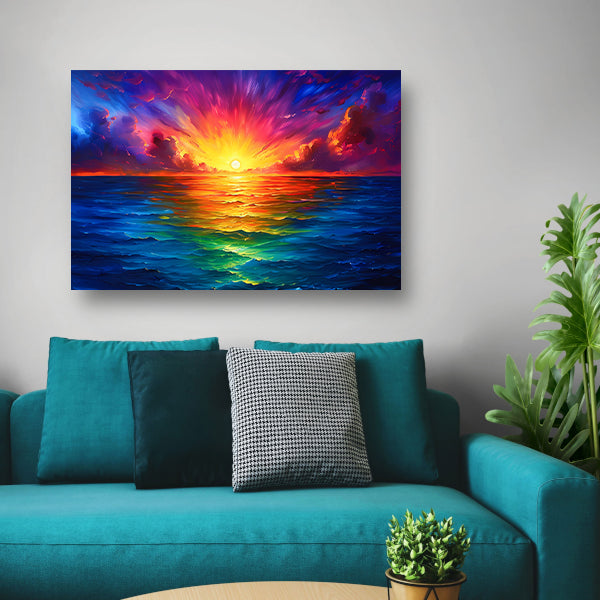Kleurrijke zonsondergang boven kalme zee canvas