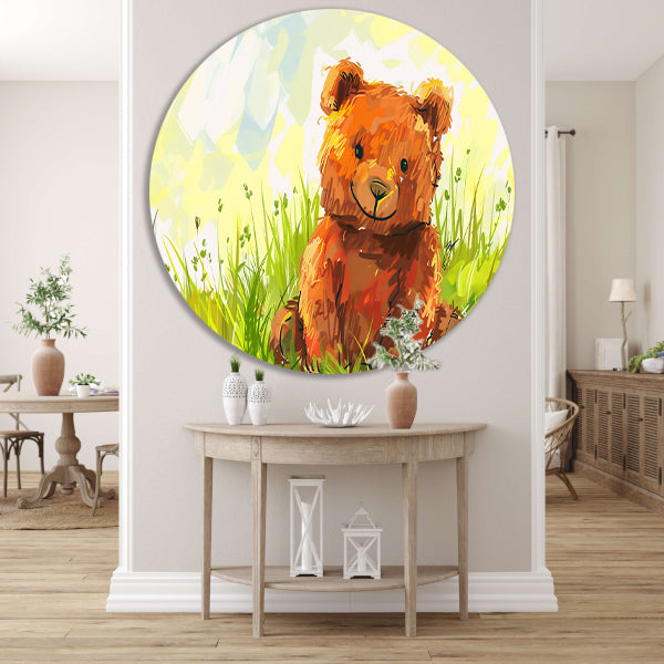 Schattige beer in zomers landschap aluminium muurcirkel