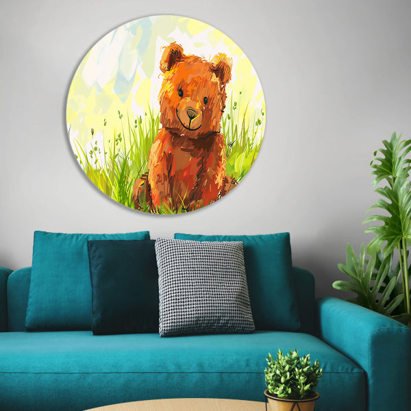 Schattige beer in zomers landschap aluminium muurcirkel