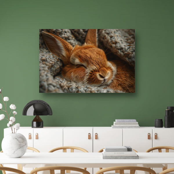Slapend konijn in warme gebreide deken canvas