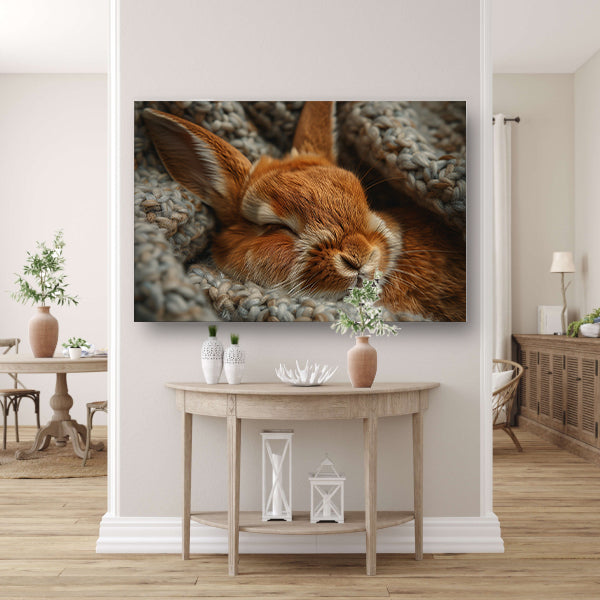 Slapend konijn in warme gebreide deken canvas
