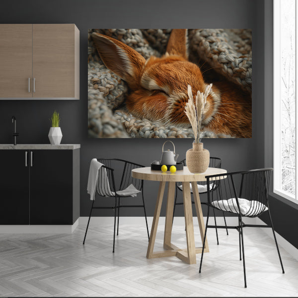 Slapend konijn in warme gebreide deken canvas