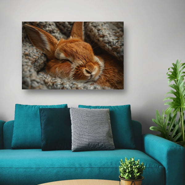 Slapend konijn in warme gebreide deken canvas