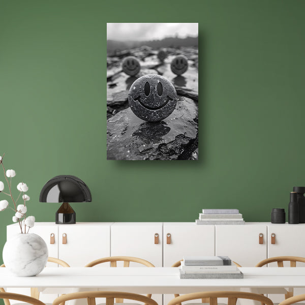 Drie Glimlachende Stenen op een Grijze Dag poster