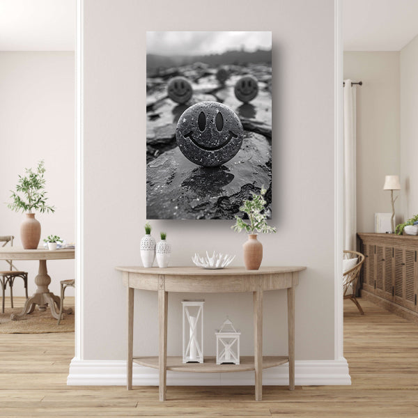 Drie Glimlachende Stenen op een Grijze Dag poster