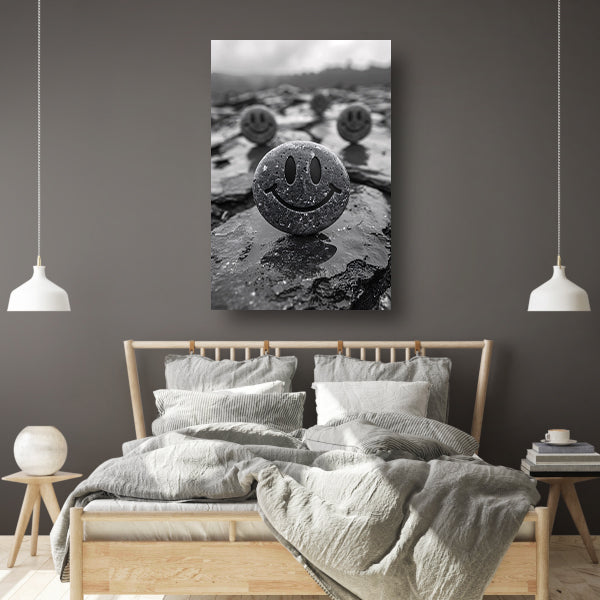 Drie Glimlachende Stenen op een Grijze Dag poster