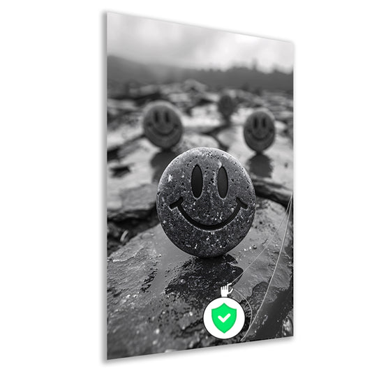 Drie Glimlachende Stenen op een Grijze Dag poster