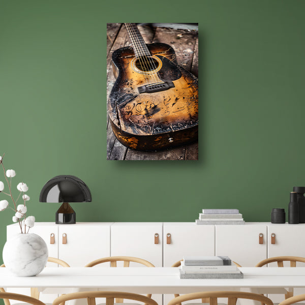 Afgebrande gitaar met graffitikunst poster