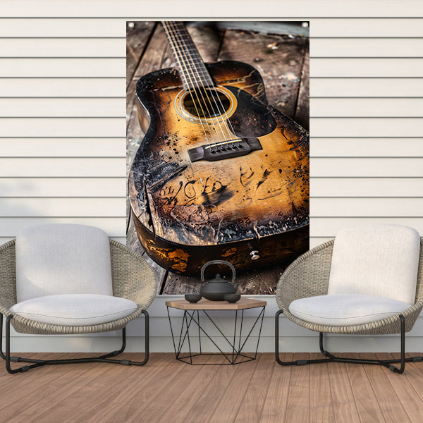 Afgebrande gitaar met graffitikunst tuinposter