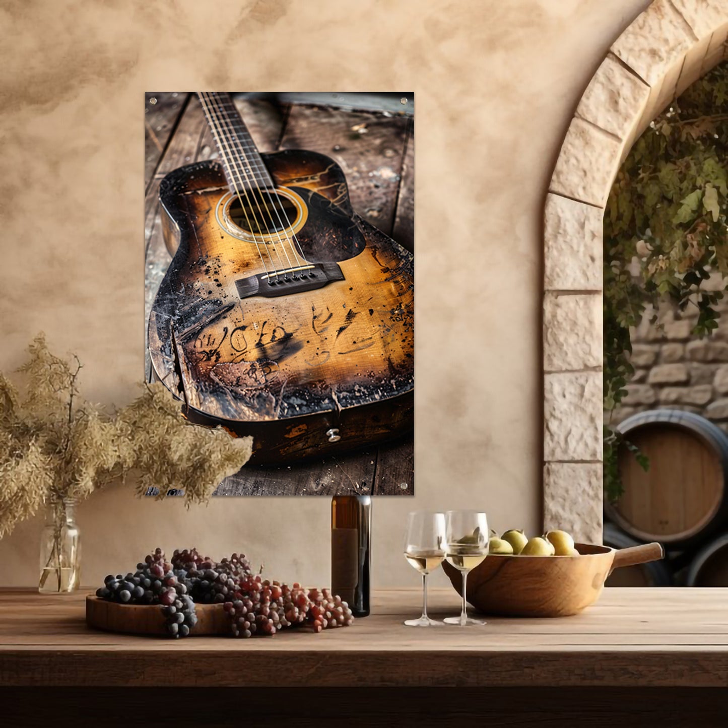 Afgebrande gitaar met graffitikunst tuinposter