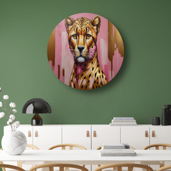 Majestueuze Luipaard in Goud en Roze aluminium muurcirkel