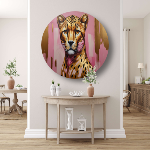 Majestueuze Luipaard in Goud en Roze aluminium muurcirkel
