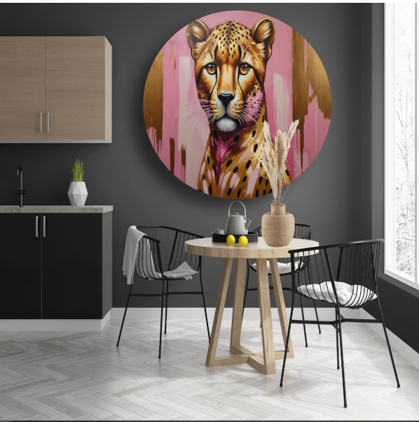 Majestueuze Luipaard in Goud en Roze aluminium muurcirkel