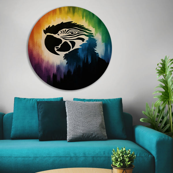 Kleurrijk papegaai silhouet met abstracte achtergrond aluminium muurcirkel