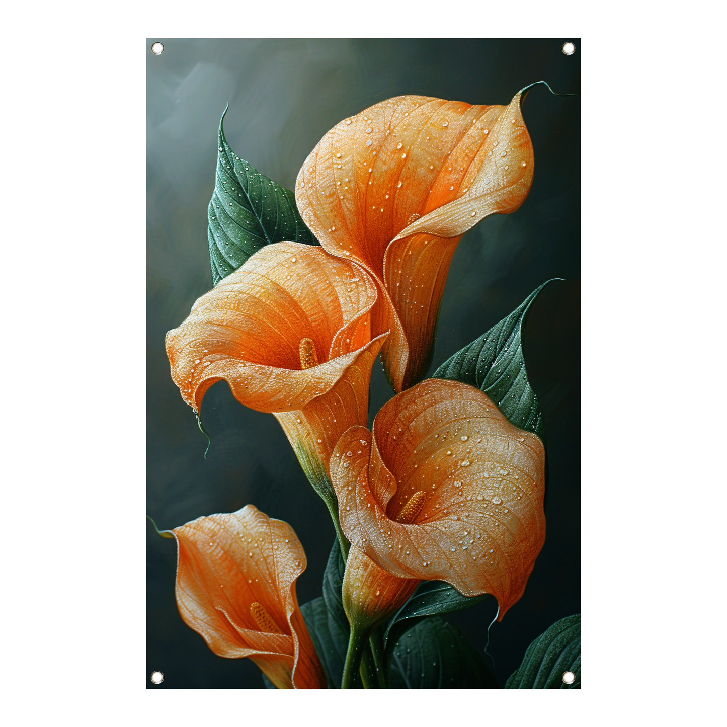 Oranje calla lelies met dauw tegen donkere achtergrond tuinposter