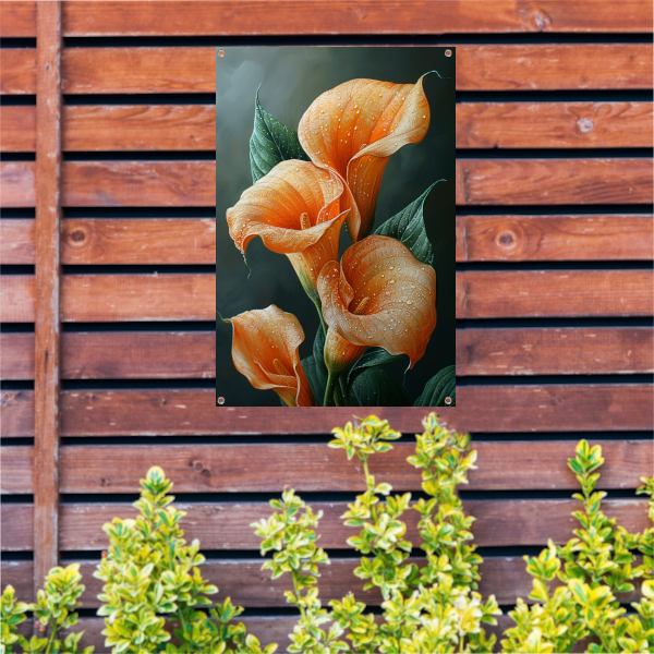 Oranje calla lelies met dauw tegen donkere achtergrond tuinposter