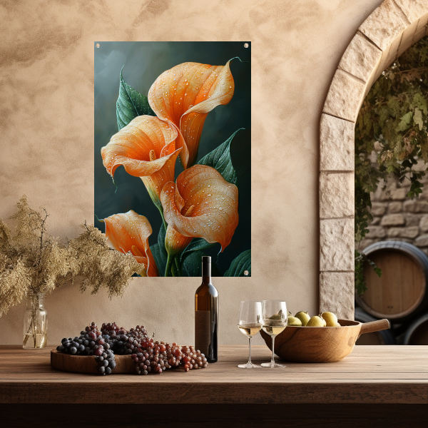 Oranje calla lelies met dauw tegen donkere achtergrond tuinposter
