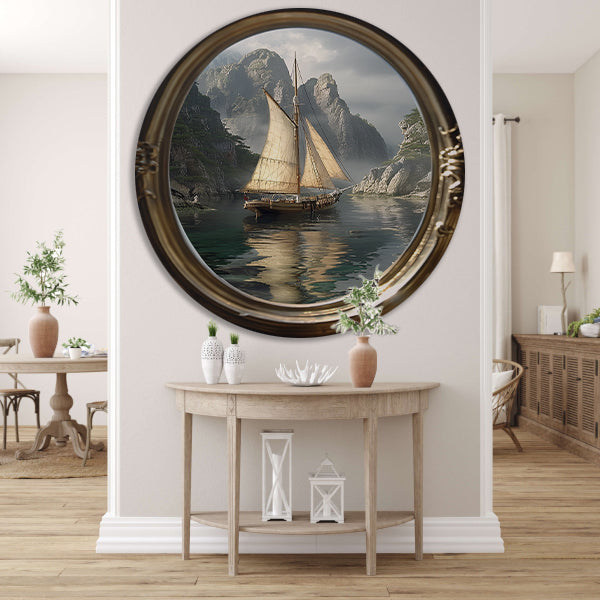 Zeilschip in Spiegelbeeld van de Tijd aluminium muurcirkel