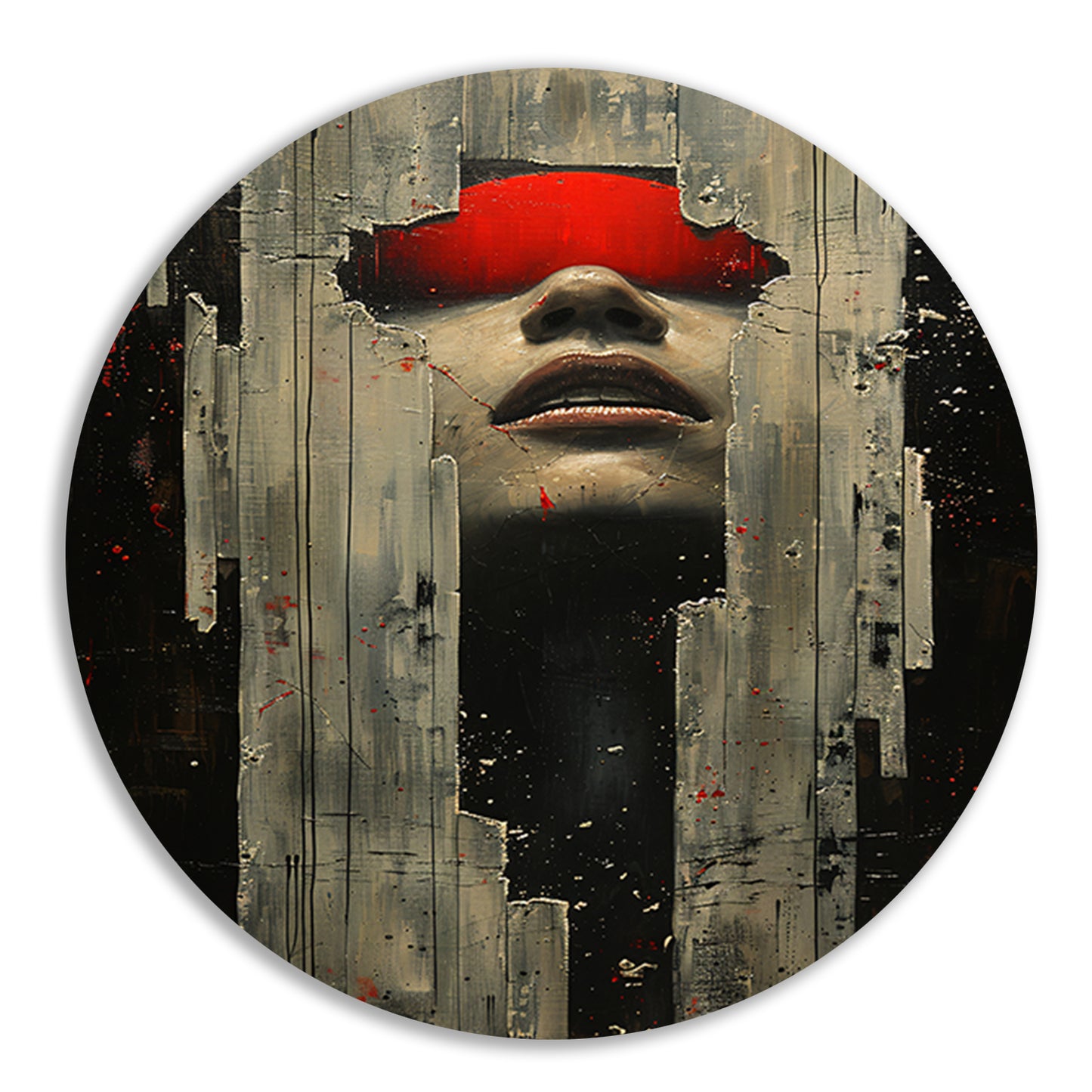 Portret van een vrouw in rood met barsten aluminium muurcirkel