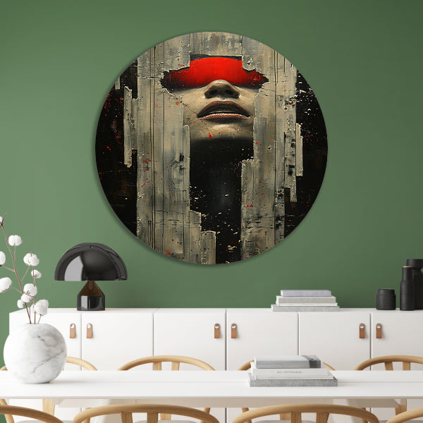 Portret van een vrouw in rood met barsten aluminium muurcirkel