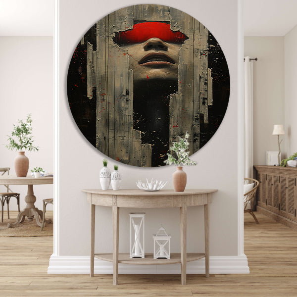 Portret van een vrouw in rood met barsten aluminium muurcirkel