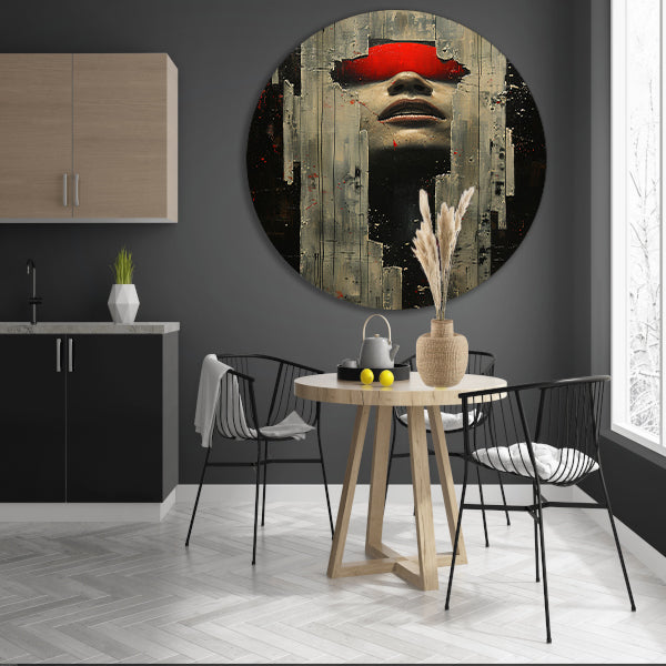 Portret van een vrouw in rood met barsten aluminium muurcirkel