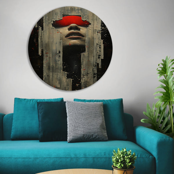 Portret van een vrouw in rood met barsten aluminium muurcirkel