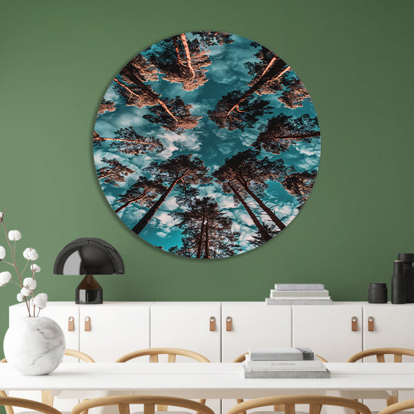 Hyperrealistische foto van bomen en lucht aluminium muurcirkel