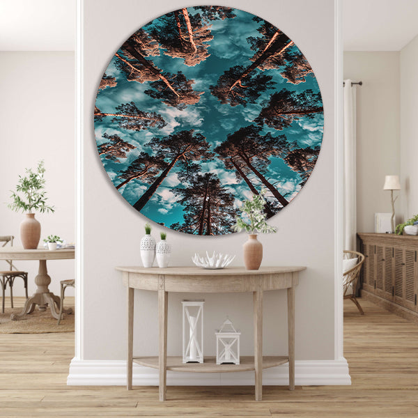 Hyperrealistische foto van bomen en lucht aluminium muurcirkel