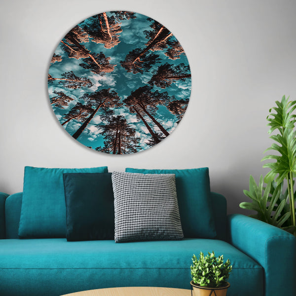 Hyperrealistische foto van bomen en lucht aluminium muurcirkel