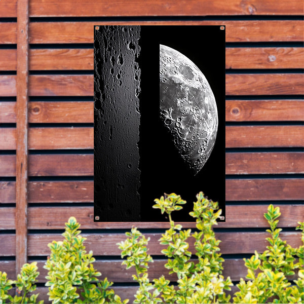 Zwart-witfoto van de halve maan met kraters tuinposter