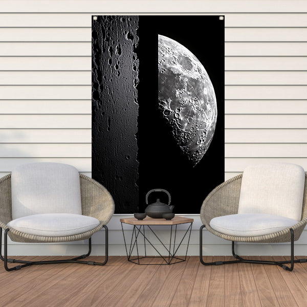 Zwart-witfoto van de halve maan met kraters tuinposter