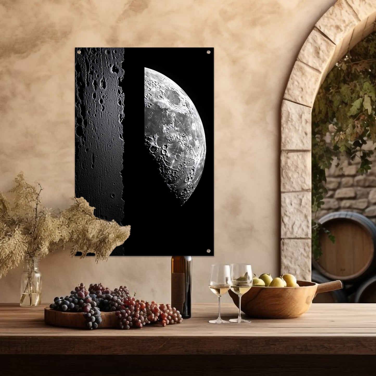 Zwart-witfoto van de halve maan met kraters tuinposter