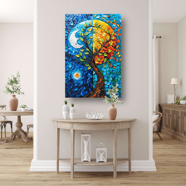 Kleurrijk boom in dag en nacht landschap canvas