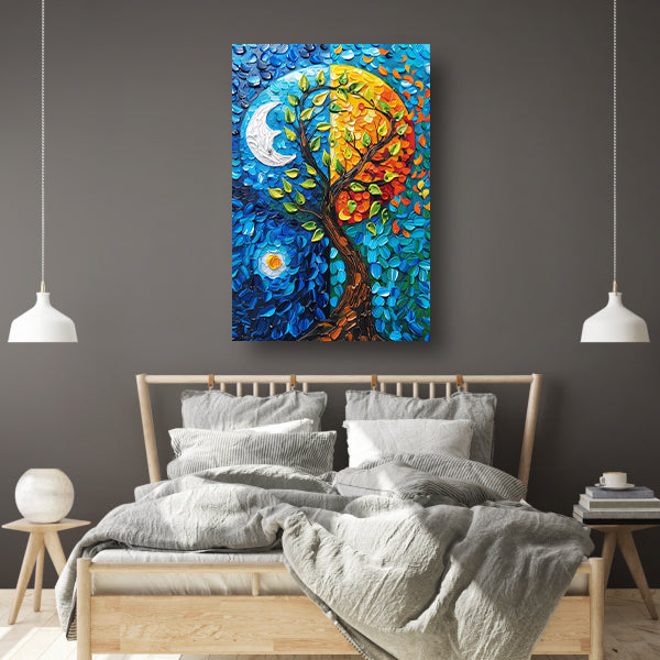 Kleurrijk boom in dag en nacht landschap canvas