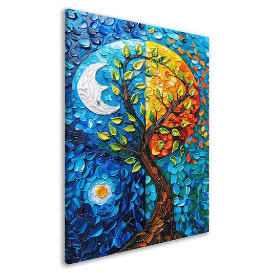 Kleurrijk boom in dag en nacht landschap canvas