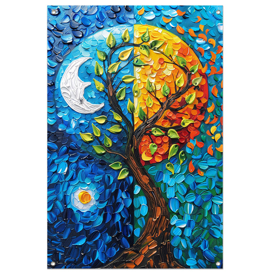 Kleurrijk boom in dag en nacht landschap tuinposter