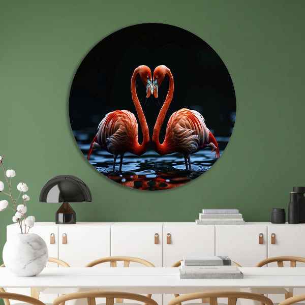 Twee flamingos vormen hart op water forex muurcirkel